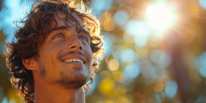 A cheerful, positive man with curly hair smiles happily in a summer beach portrait.