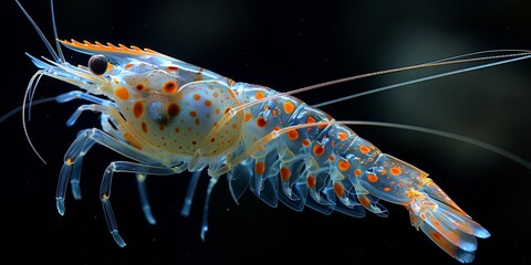 A macro view of a transparent shrimp in an aquarium, amidst freshwater fauna.