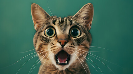 Green background, crazy surprised cat making big eyes, portraying a moment of amusing feline expression - obrazy, fototapety, plakaty