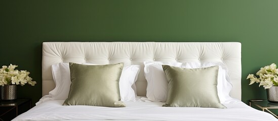 In a room with a green wall, there are two pillows placed on a bed, creating a cozy and inviting atmosphere