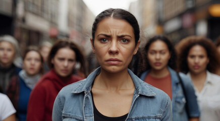 
Displeased crowd of women protesting for women's rights, gender equality, to stop violence against women and supporting abortion rights. Human activism concept.