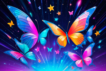 Fantasy butterflies with neon light on a in magical darkness.
