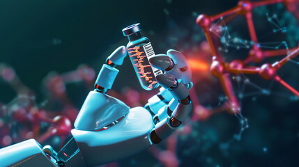 A robotic hand holds a vaccine bottle front of a DNA molecule. futuristic of medicine industry with AI. - obrazy, fototapety, plakaty