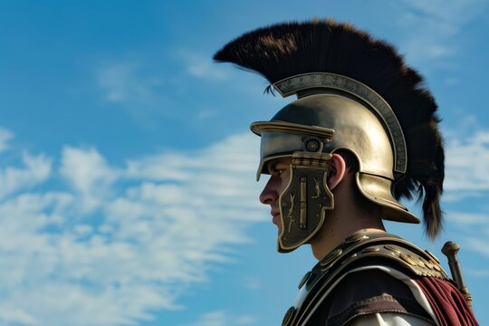 profile of a man in a centurion outfit against blue sky