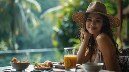 Woman enjoying healthy breakfast at tropical resort. Concept of summer vacation and lifestyle.