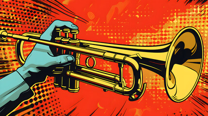 International Jazz Day, 30 April, fingers playing the trumpet flat pop art illustration, Generative Ai