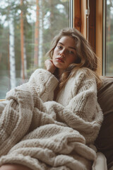 A young woman resting in a Scandinavian cozy living room.