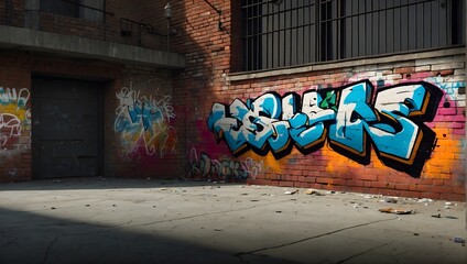 Naklejka premium A digital composition featuring a graffiti-covered brick wall as the backdrop Generative AI