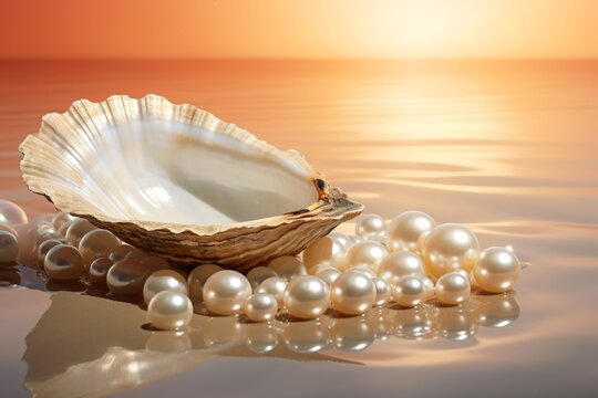 a seashell and pearls on a beach