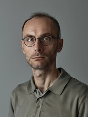 A bald man with glasses and green polo shirt looks thoughtfully off-camera in a studio setting