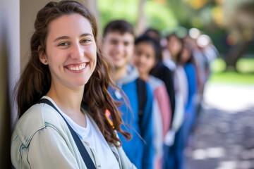 smiling woman with students lined up behind her