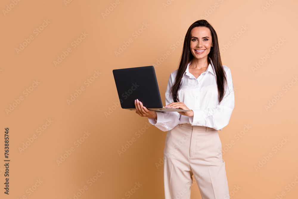 Aufkleber portrait of stunning positive company founder use microsoft apple laptop empty space isolated on bei