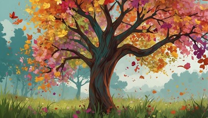 A floral tree scene with a focus on the dynamic interplay of colors in the foliage Generative AI