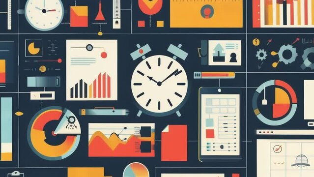 A montage of a clock and various business tasks illustrating the importance of time management in multitasking and prioritizing responsibilities.
