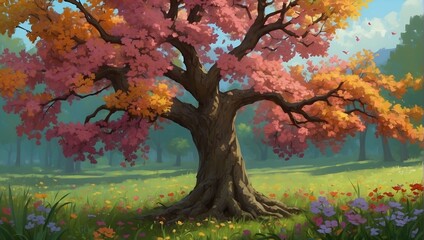 A floral tree scene with a focus on the dynamic interplay of colors in the foliage Generative AI