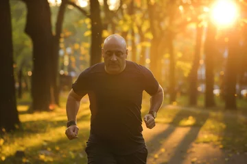 Fotobehang bald man jogging in the park during sunrise © altitudevisual