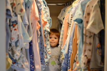 Fototapeta premium toddler peeking out from a closet full of hanging baby clothes