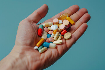 Hand holding many different colorful medical pills and capsules on blue background