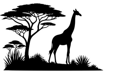 continuous single hand drawing black line art of giraffe silhouette standing with tree style vector illustration on white background