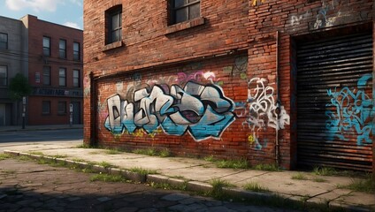 A photorealistic rendering of a gritty city scene, highlighting a graffiti-covered brick wall Generative AI