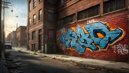 A photorealistic rendering of a gritty city scene, highlighting a graffiti-covered brick wall Generative AI
