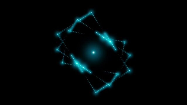 A lots of rotating glowing neon rectangles made of many small blue flashing dots, light bulbs, forming a beautiful perfectly symmetrical zig-zag pattern. Sacred geometry. 4k 3d loop animation 60 fps.