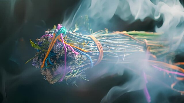 A bundle of sweetgrass tied with colorful string releasing wisps of smoke during a smudging ritual.