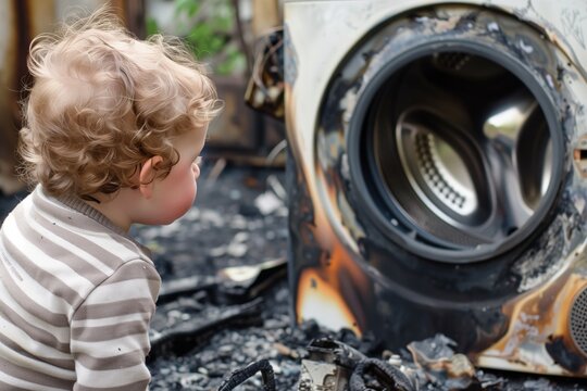 child looking curiously at remains of a burnt washing machine