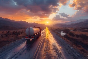 Tanker Truck Driving Down Road at Sunset - obrazy, fototapety, plakaty