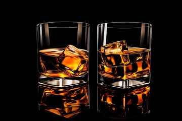 two glasses of whiskey with ice cubes - obrazy, fototapety, plakaty