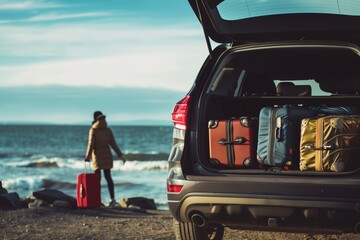 car parked by the sea, trunk open, packed with suitcases, person beside - obrazy, fototapety, plakaty