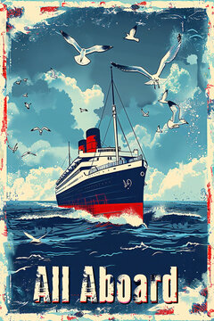 Vintage retro style travel poster of a cruise ship ocean liner with seagulls on a textured background with "All Aboard".