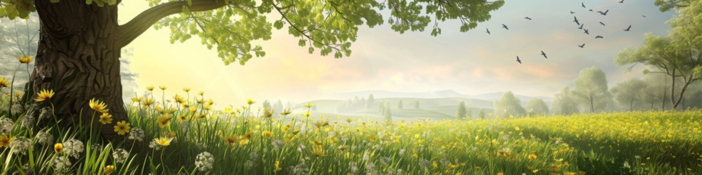 sunset in the forest, spring weather banner, poster, spring weather background, spring background