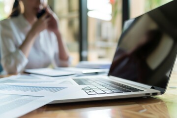 open laptop with legal documents, office worker talking on phone out of focus