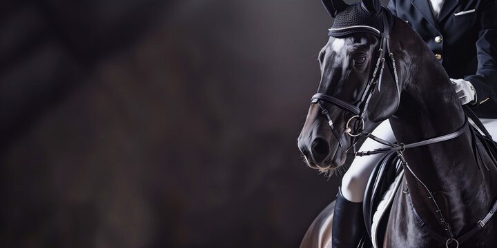 A powerful black dressage horse and rider in mid-stride, captured with focused intensity against a blurred dark background.