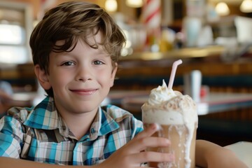 young boy enjoying a root beer float at a diner