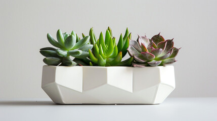 Succulent plants in modern geometric concrete planter minimal style 