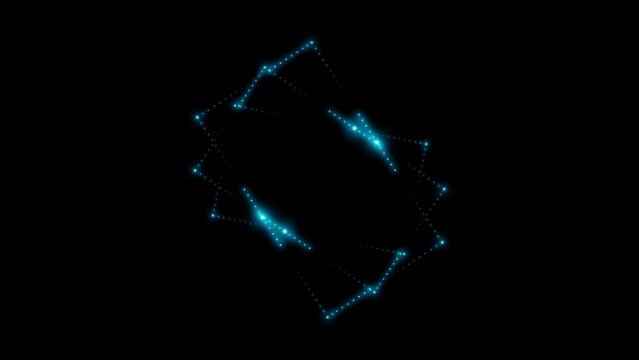 A lots of rotating glowing neon rectangles made of many small blue flashing dots, light bulbs, forming a beautiful perfectly symmetrical zig-zag pattern. Sacred geometry. 4k 3d loop animation 60 fps.