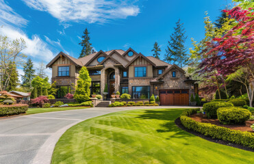 Fototapeta na wymiar Beautiful two story luxury home in the British Columbia region of Canada, with blue sky and green grass