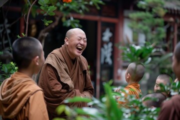 monk in a monastery garden laughing with novices - obrazy, fototapety, plakaty