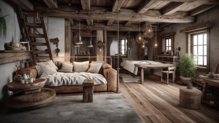 Spacious rustic loft living area with wooden beams, plush couch, and chic dining setup, complemented by soft lighting.