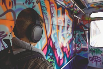 traveler with headphones beside colorful graffiti inside train