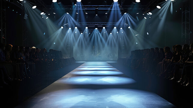 Empty catwalk with many spotlights, fashion event, runway podium stage