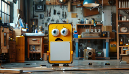 Angry smartphone in electronics and technology repair shop, cartoon phone with sad emotion.