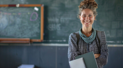 happy smiling teacher in front of blackboard, happy teacher's day