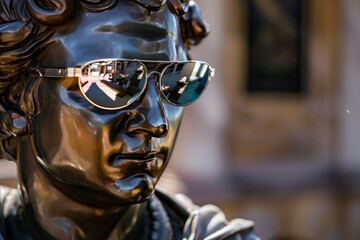 Fototapeta na wymiar bronze scholar statue donning reflective wayfarer shades