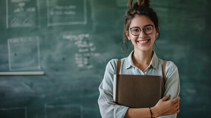 happy smiling teacher in front of blackboard, happy teacher's day