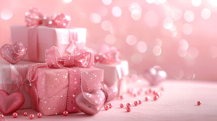 pink rose and gift box on wooden background