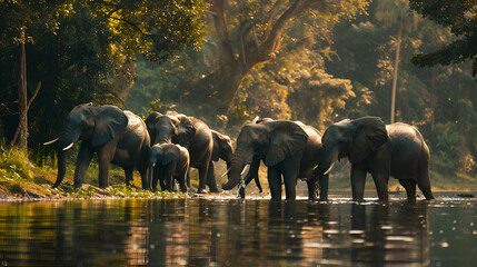 herd of elephants drinking water - obrazy, fototapety, plakaty