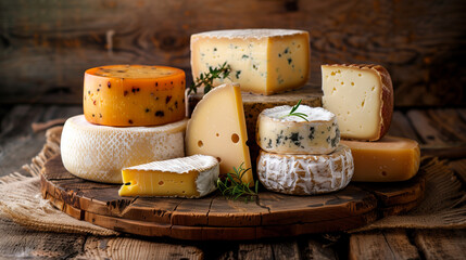Assortment of gourmet cheeses on wooden board. Cheese tasting concept with herbs and rustic backdrop